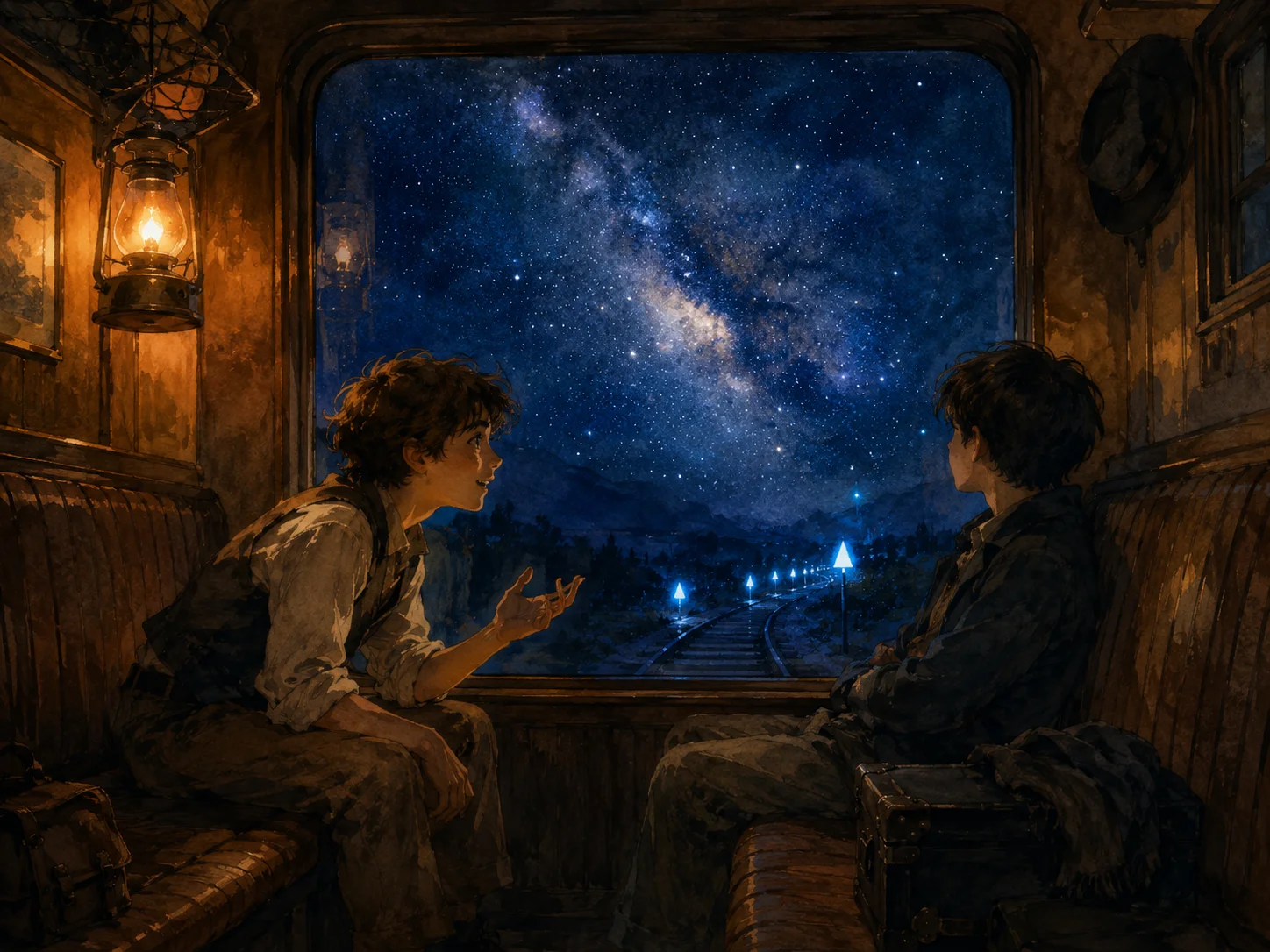 天の川の上を走る銀河鉄道の汽車、窓から星々が見える