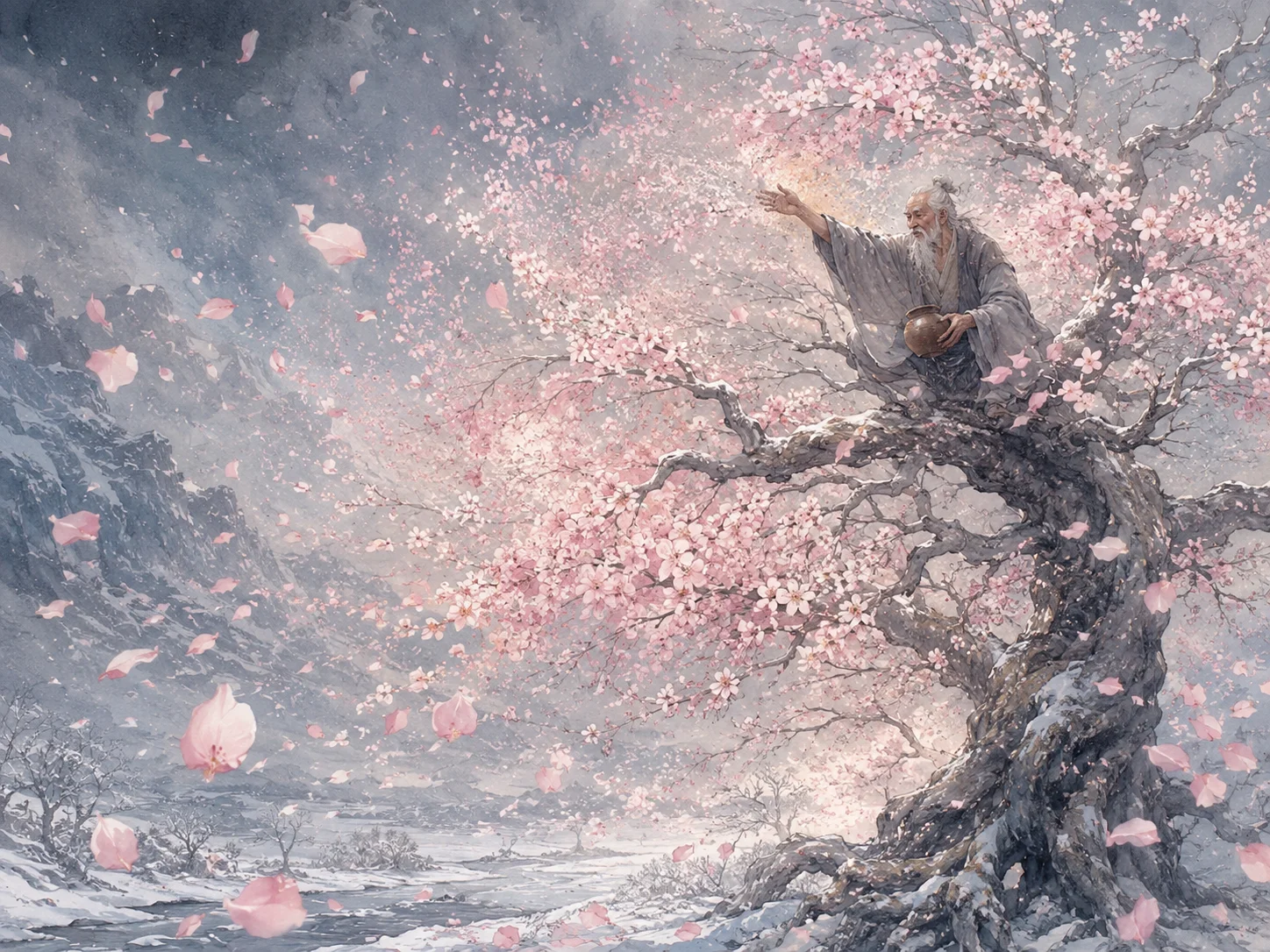 枯れた桜の古木に灰を撒くと満開の花が咲き誇り、花弁が風に舞う