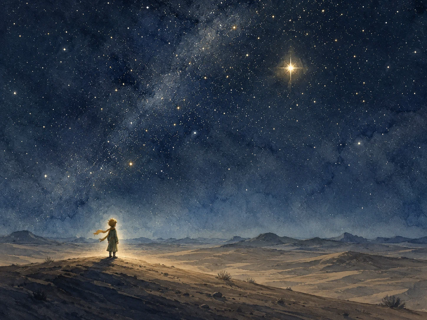星空の下、砂漠に立つ王子さまの小さなシルエット