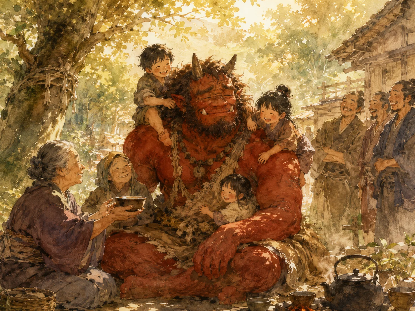 村人たちに囲まれ、子どもと遊ぶ赤鬼の楽しげなひととき