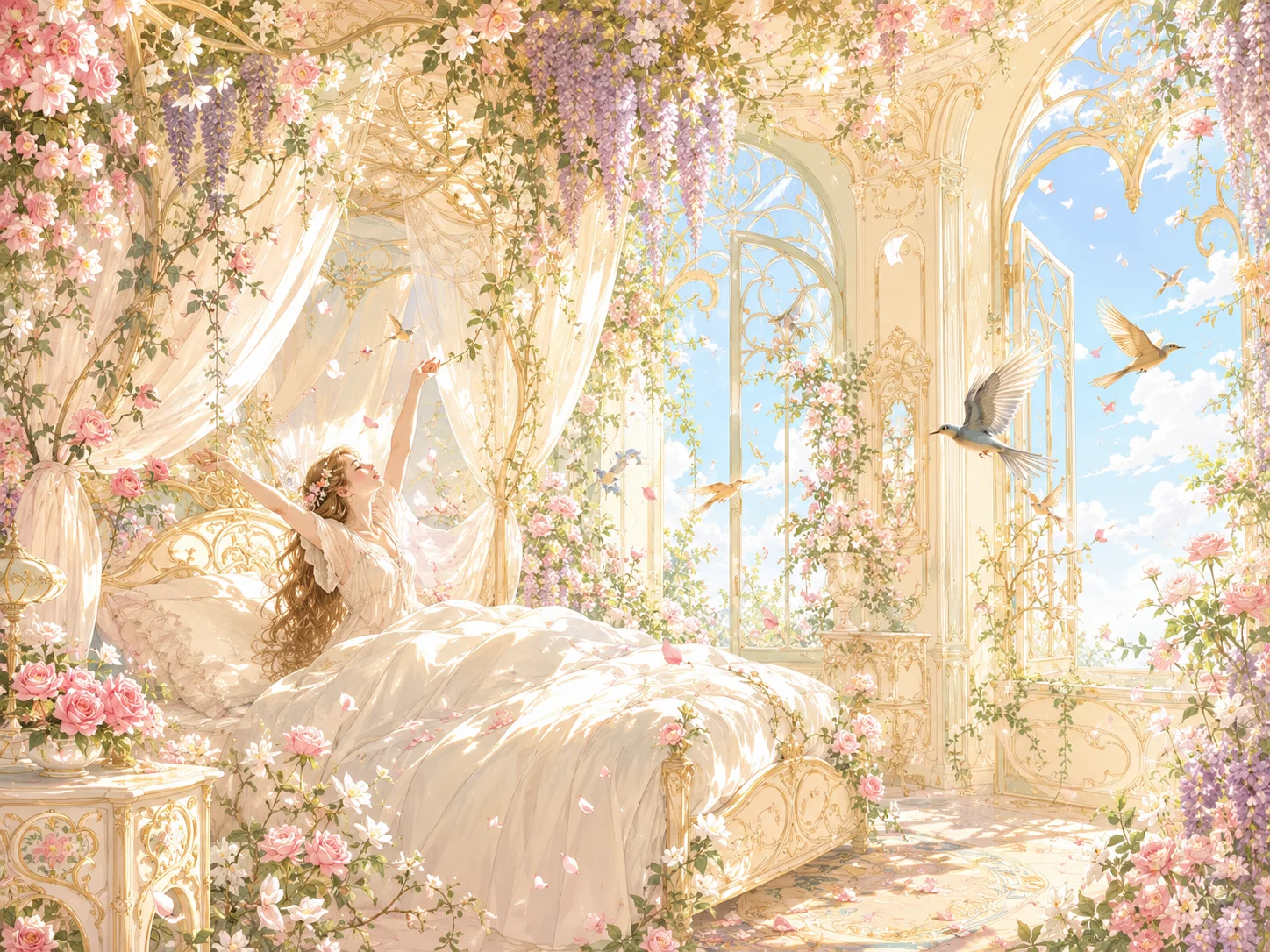 花々に囲まれて目覚める姫と王子