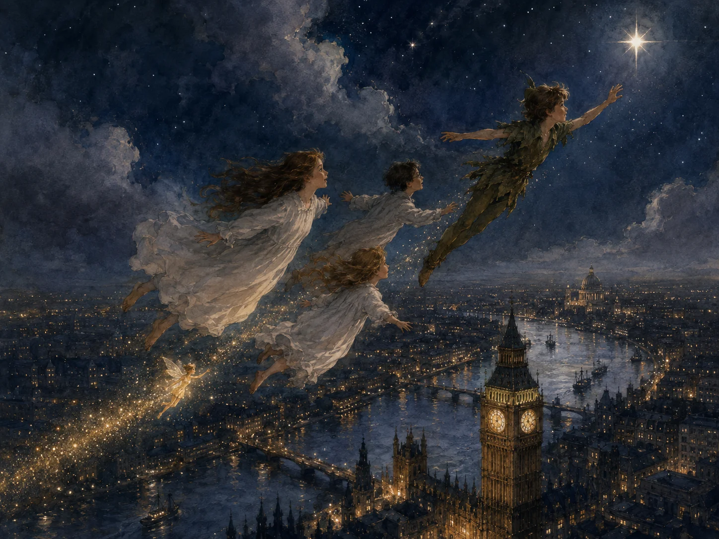 ロンドンの夜空を飛ぶ子どもたち