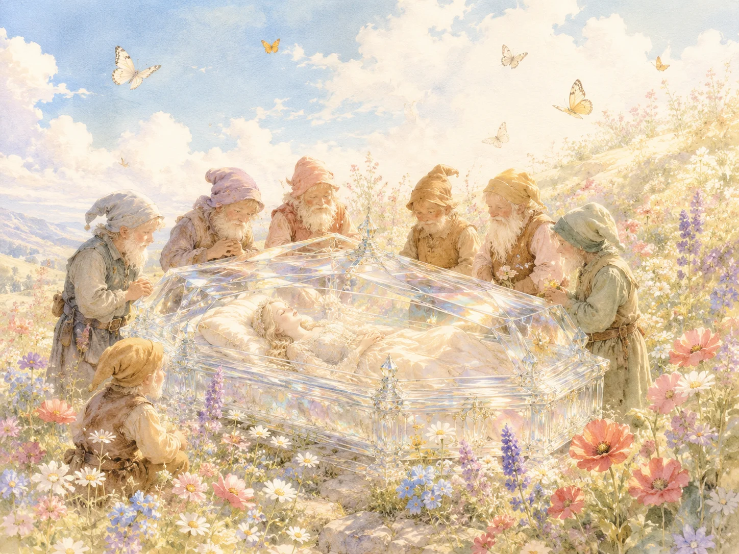 花に囲まれたガラスの{棺|ひつぎ}と七人の小人たち