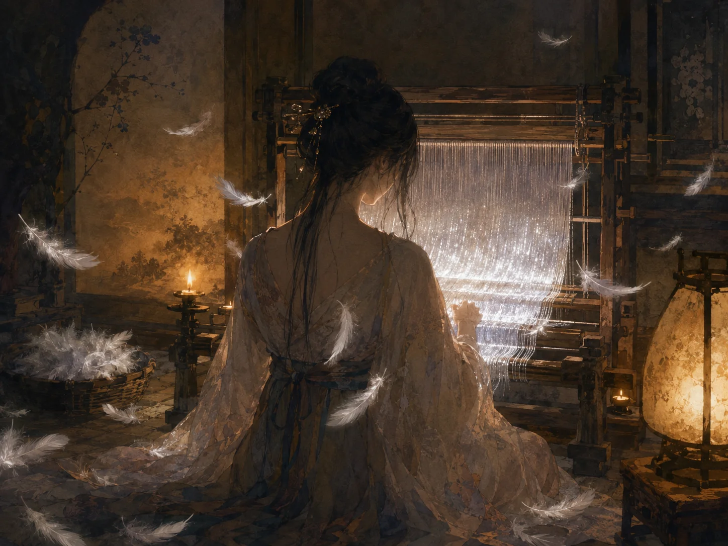 薄暗い部屋で機を織る娘の後ろ姿。白い羽根が舞い散っている