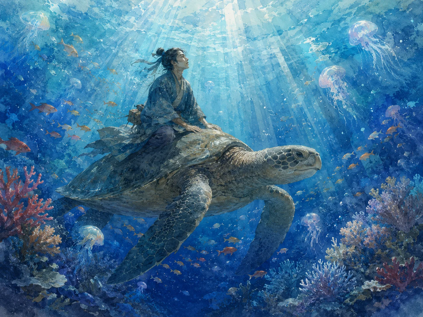 亀の背に乗り、{珊瑚|さんご}や魚たちの間を抜けて深い海へと潜っていく浦島太郎
