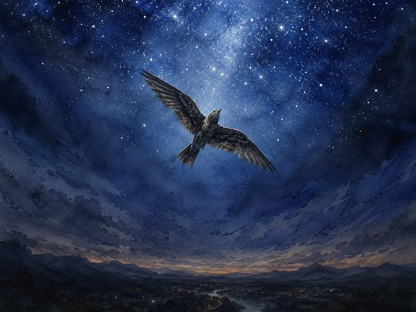 漆黒の夜空をまっすぐ上へ飛んでいく夜鷹。下方に小さな町の灯りが消えていく